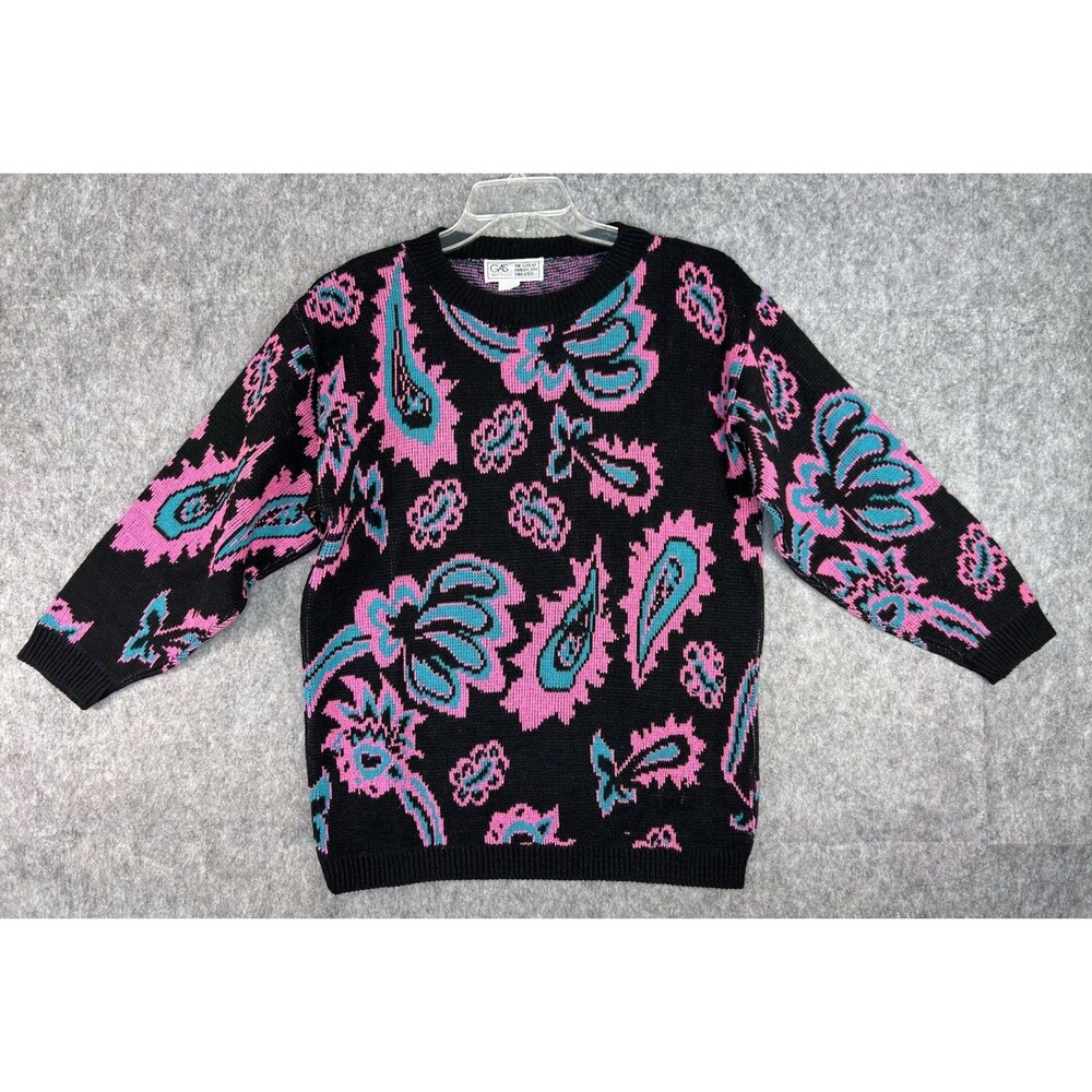 Vtg Great American Sweater Co Women’s Black Pink Paisley Floral Neon 80s 90s